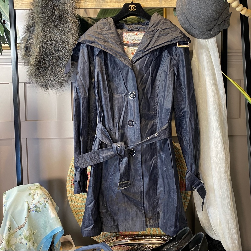 MarCona Dodge Shiny Coated Fabric - Belted Trench  blue Coat Size M